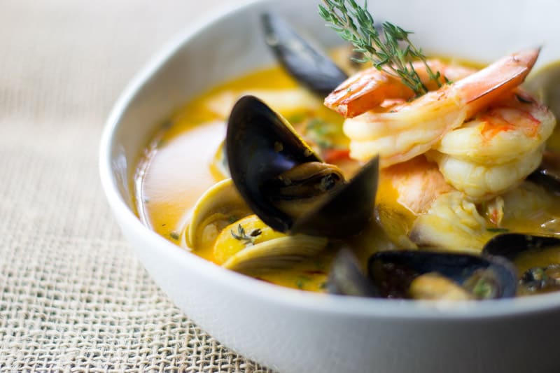 Bouillabaisse with clams, mussels, shrimp and fish