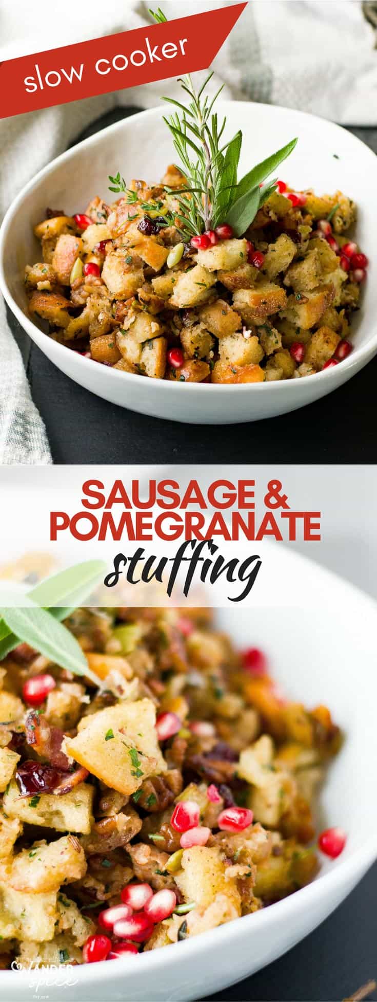 Sausage Stuffing Recipe - Slow Cooker - Crisp Bacon and Pomegranate seeds