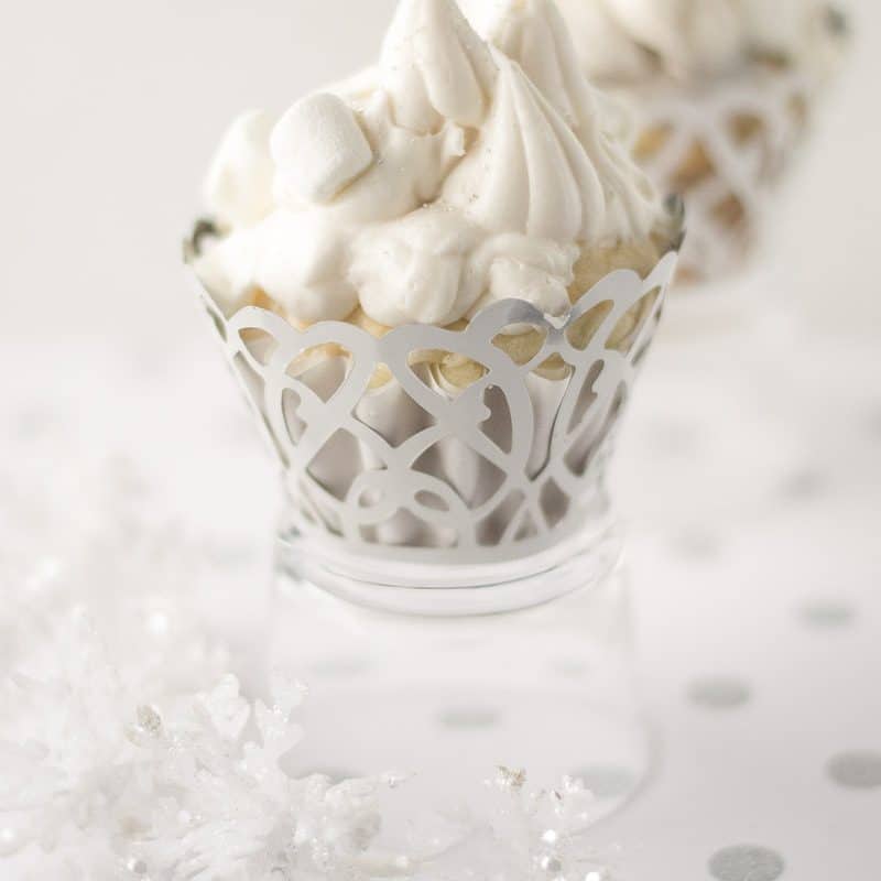 Winter Wonderland Cupcakes for Christmas with sliver sprinkles and marshmallows