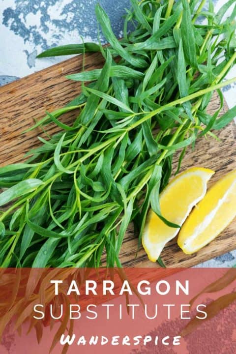 A bunch of fresh tarragon with slices of lemon, Pinterest pin.