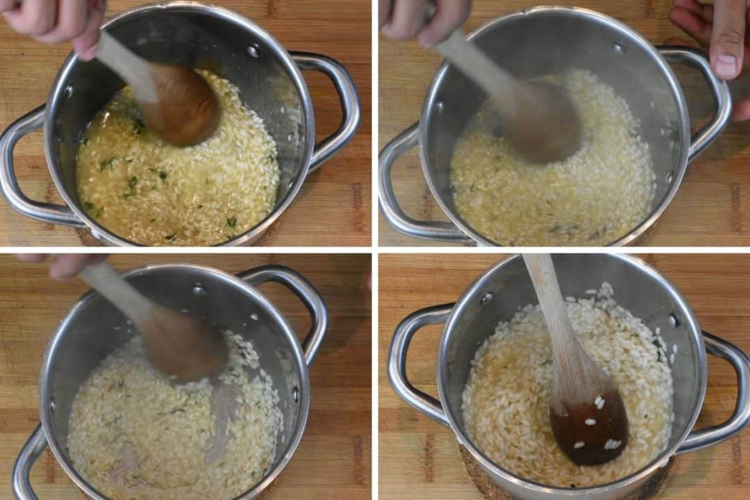 Third process shot for - four panels with overheads shots. Four stages of stirring rice.